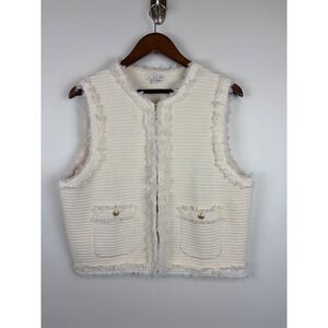 J‎ Crew Textured Fringed Sweater Vest Fine Boucle Natural Large Coastal Preppy